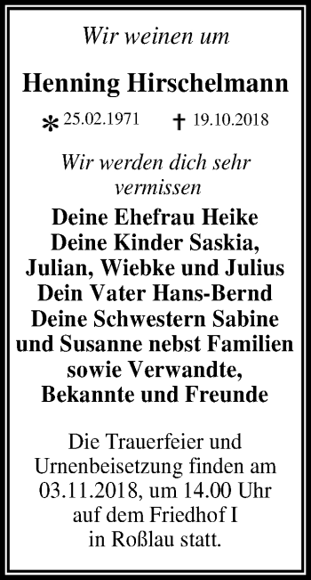 Traueranzeige von Henning Hirschelmann von Mitteldeutsche Zeitung Dessau-Roßlau