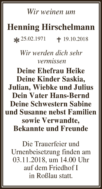 Traueranzeige von Henning Hirschelmann von WVG - Wochenspiegel Dessau / Köthen