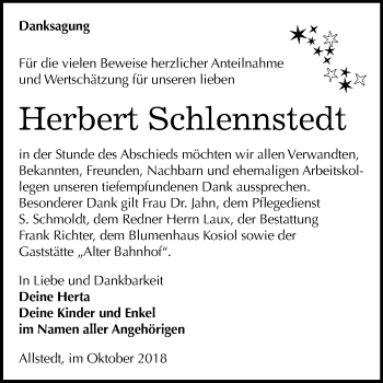 Traueranzeige von Herbert Schlennstedt von Mitteldeutsche Zeitung