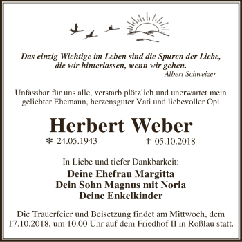 Traueranzeige von Herbert Weber von WVG - Wochenspiegel Dessau / Köthen