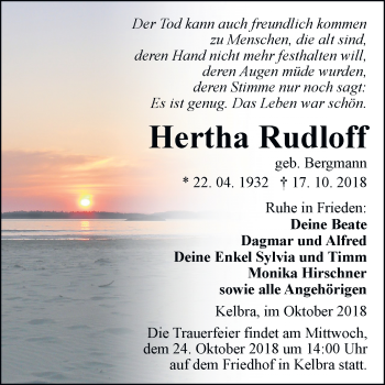 Traueranzeige von Hertha Rudloff von Mitteldeutsche Zeitung Sangerhausen