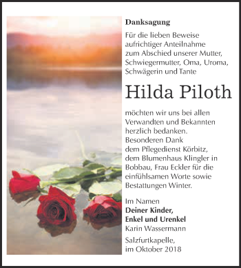 Traueranzeige von Hilda Piloth von WVG - Wochenspiegel Bitterfeld