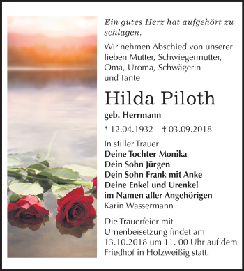 Traueranzeige von Hilda Piloth von Mitteldeutsche Zeitung Bitterfeld