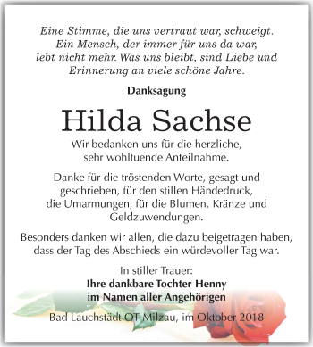 Traueranzeige von Hilda Sachse von Mitteldeutsche Zeitung Merseburg/Querfurt