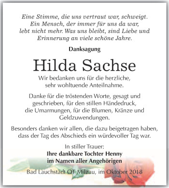 Traueranzeige von Hilda Sachse von Super Sonntag Merseburg