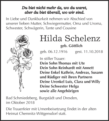 Traueranzeige von Hilda Schelenz von WVG - Wochenspiegel Wittenberg