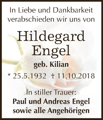 Traueranzeige von Hildegard Engel von Super Sonntag Zeitz
