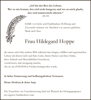 Traueranzeige von Hildegard Hoppe von WVG - Wochenspiegel NMB / WSF / ZTZ