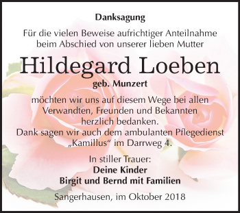 Traueranzeige von Hildegard Loeben von Mitteldeutsche Zeitung