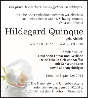 Traueranzeige von Hildegard Quinque von WVG - Wochenspiegel Bitterfeld
