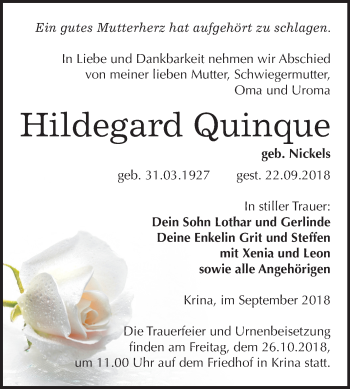 Traueranzeige von Hildegard Quinque von Mitteldeutsche Zeitung Bitterfeld
