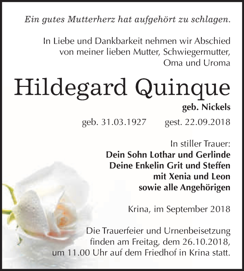  Traueranzeige für Hildegard Quinque vom 10.10.2018 aus WVG - Wochenspiegel Bitterfeld