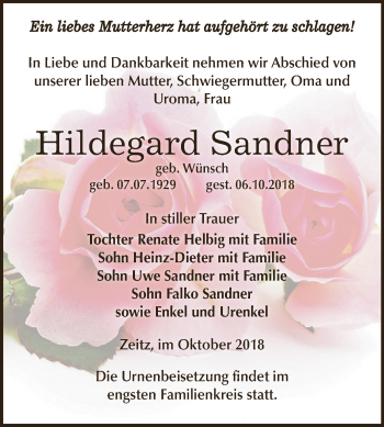Traueranzeige von Hildegard Sandner von Super Sonntag Zeitz