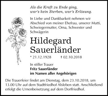 Traueranzeige von Hildegard Sauerländer von Mitteldeutsche Zeitung Bernburg