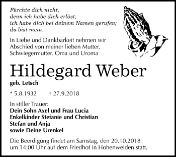 Traueranzeige von Hildegard Weber von Mitteldeutsche Zeitung Merseburg/Querfurt