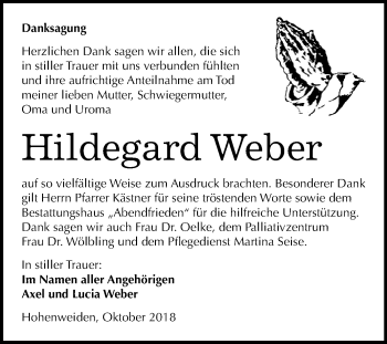 Traueranzeige von Hildegard Weber von WVG - Wochenspiegel Merseburg