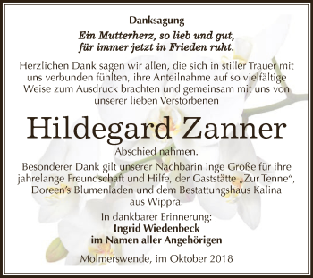 Traueranzeige von Hildegard Zanner von Super Sonntag SGH Mansf. Land