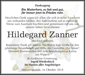 Traueranzeige von Hildegard Zanner von Mitteldeutsche Zeitung