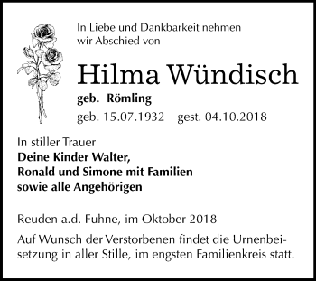 Traueranzeige von Hilma Wündisch von Mitteldeutsche Zeitung Bitterfeld