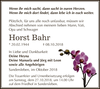 Traueranzeige von Horst Bahr von Super Sonntag Aschersleben