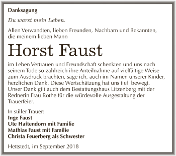 Traueranzeige von Horst Faust von Wochenspiegel Mansfelder Land
