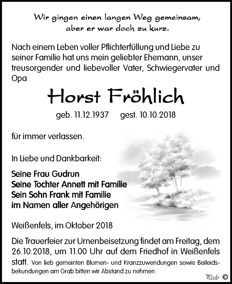  Traueranzeige für Horst Fröhlich vom 13.10.2018 aus Mitteldeutsche Zeitung Weißenfels