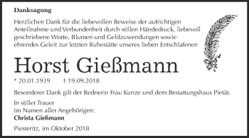 Traueranzeige von Horst Gießmann von Super Sonntag Wittenberg