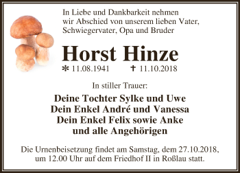 Traueranzeige von Horst Hinze von WVG - Wochenspiegel Dessau / Köthen