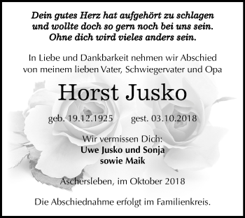 Traueranzeige von Horst Jusko von Mitteldeutsche Zeitung Aschersleben