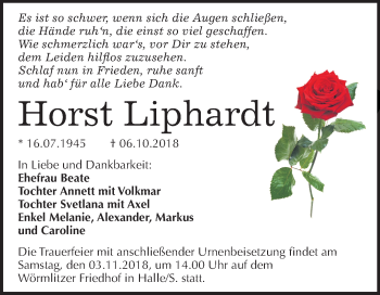 Traueranzeige von Horst Liphardt von Mitteldeutsche Zeitung Halle/Saalkreis