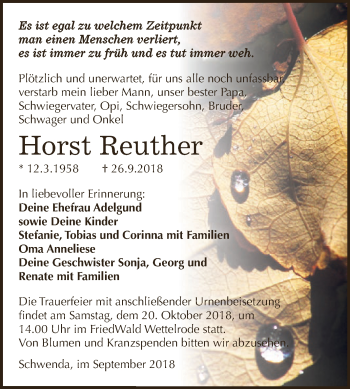 Traueranzeige von Horst Reuther von Super Sonntag SGH Mansf. Land