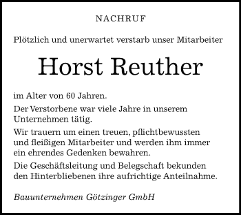 Traueranzeige von Horst Reuther von Mitteldeutsche Zeitung Sangerhausen