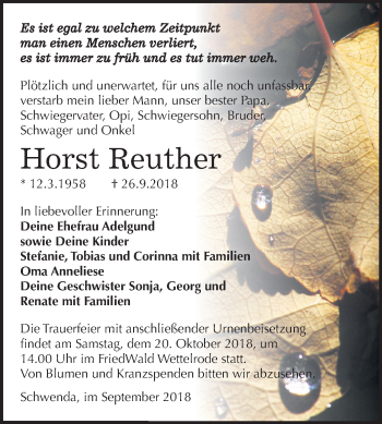 Traueranzeige von Horst Reuther von Mitteldeutsche Zeitung