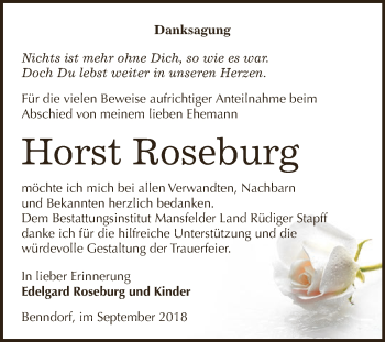 Traueranzeige von Horst Roseburg von Wochenspiegel Mansfelder Land