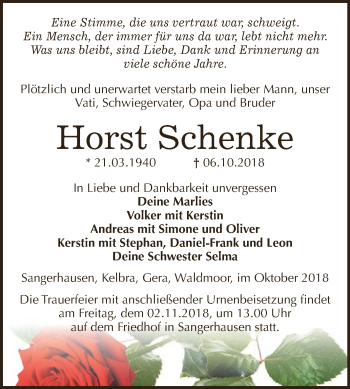 Traueranzeige von Horst Schenke von WVG - Wochenspiegel SGH