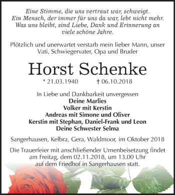 Traueranzeige von Horst Schenke von Mitteldeutsche Zeitung Sangerhausen