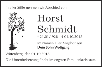 Traueranzeige von Horst Schmidt von WVG - Wochenspiegel Wittenberg