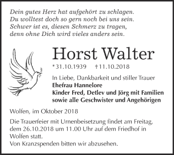 Traueranzeige von Horst Walter von WVG - Wochenspiegel Bitterfeld