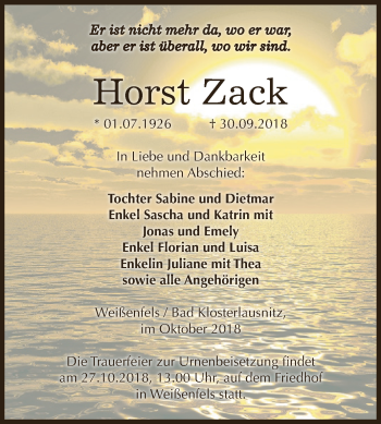 Traueranzeige von Horst Zack von WVG - Wochenspiegel NMB / WSF / ZTZ