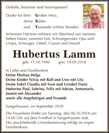 Traueranzeige von Hubertus Lamm von WVG - Wochenspiegel SGH