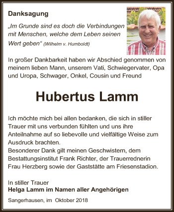 Traueranzeige von Hubertus Lamm von WVG - Wochenspiegel SGH