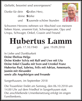 Traueranzeige von Hubertus Lamm von Mitteldeutsche Zeitung Sangerhausen