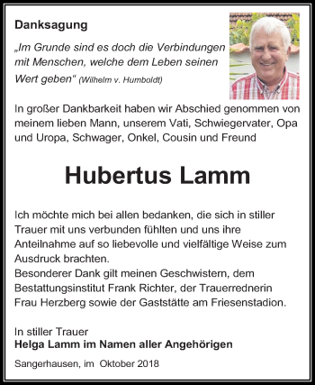 Traueranzeige von Hubertus Lamm von Mitteldeutsche Zeitung Sangerhausen