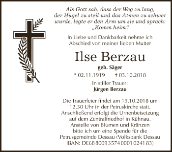 Traueranzeige von Ilse Berzau von WVG - Wochenspiegel Dessau / Köthen