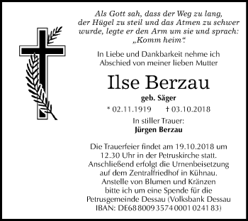 Traueranzeige von Ilse Berzau von Mitteldeutsche Zeitung