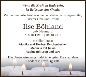 Traueranzeige von Ilse Böhland von WVG - Wochenspiegel NMB / WSF / ZTZ