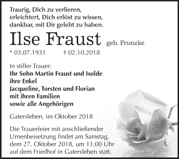 Traueranzeige von Ilse Fraust von Mitteldeutsche Zeitung Aschersleben