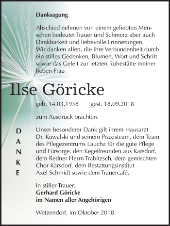 Traueranzeige von Ilse Göricke von Mitteldeutsche Zeitung