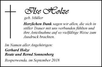 Traueranzeige von Ilse Holze von Mitteldeutsche Zeitung