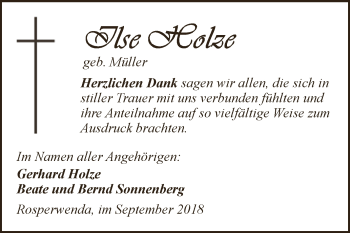 Traueranzeige von Ilse Holze von Super Sonntag SGH Mansf. Land